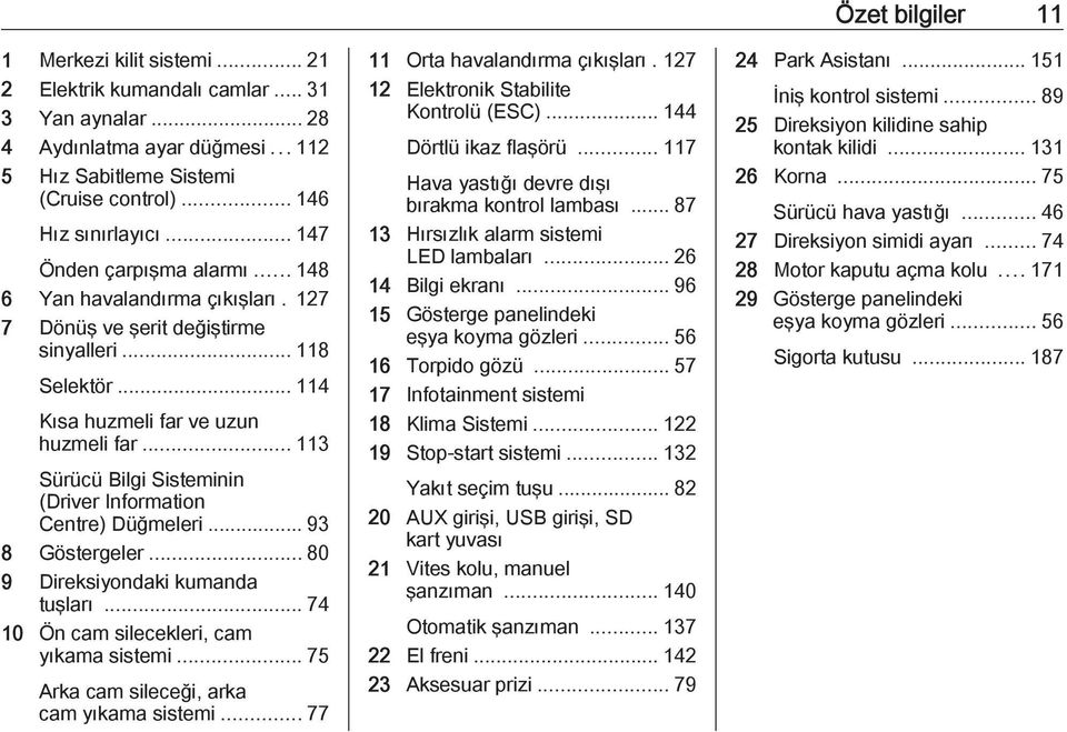 .. 113 Sürücü Bilgi Sisteminin (Driver Information Centre) Düğmeleri... 93 8 Göstergeler... 80 9 Direksiyondaki kumanda tuşları... 74 10 Ön cam silecekleri, cam yıkama sistemi.