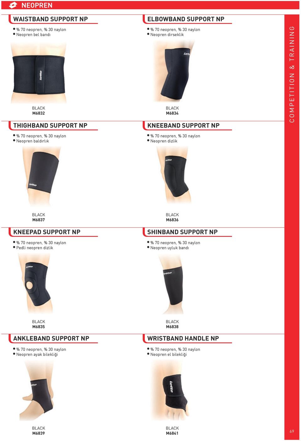 KNEEPAD SUPPORT NP % 70 neopren, % 30 naylon Pedli neopren dizlik BLACK M6836 SHINBAND SUPPORT NP % 70 neopren, % 30 naylon Neopren uyluk bandı BLACK M6835