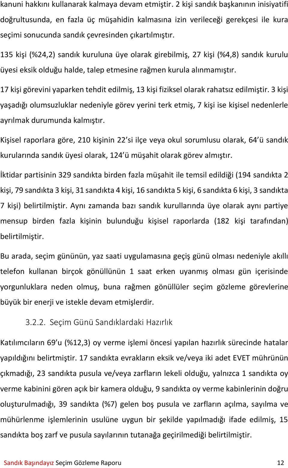 135 kişi (%24,2) sandık kuruluna üye olarak girebilmiş, 27 kişi (%4,8) sandık kurulu üyesi eksik olduğu halde, talep etmesine rağmen kurula alınmamıştır.