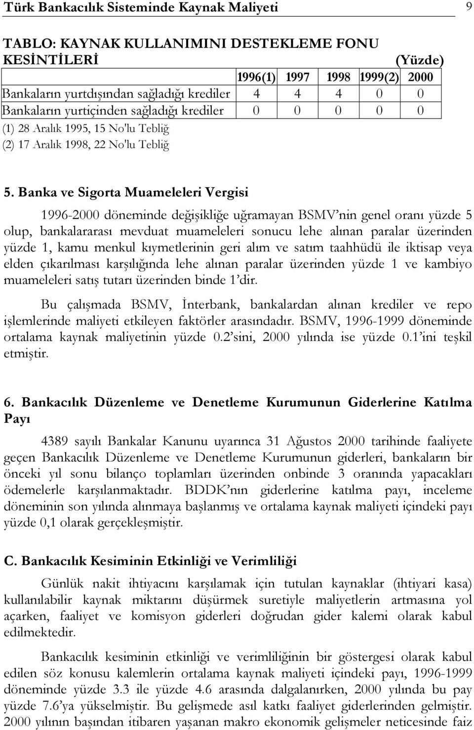 Banka ve Sigorta Muameleleri Vergisi 1996-2000 döneminde değişikliğe uğramayan BSMV nin genel oranı yüzde 5 olup, bankalararası mevduat muameleleri sonucu lehe alınan paralar üzerinden yüzde 1, kamu