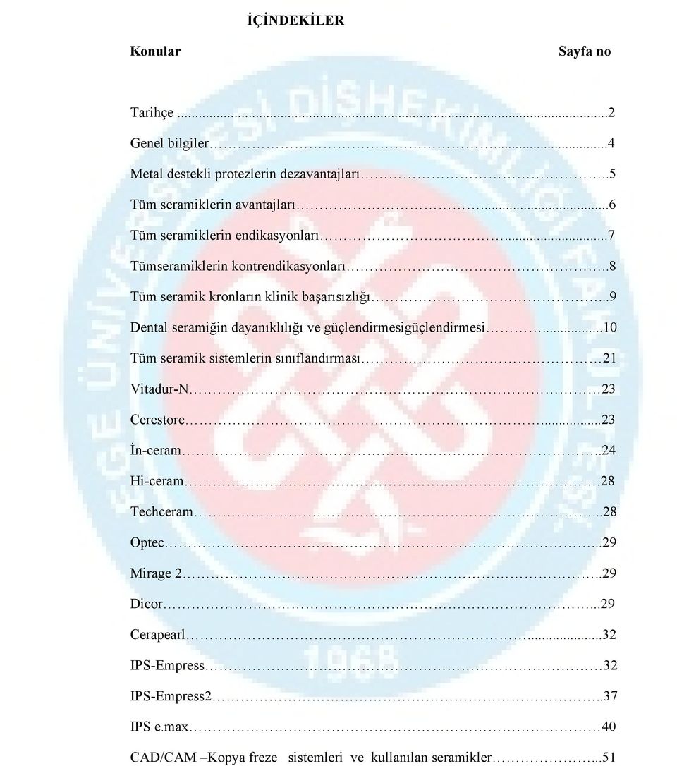 ..9 Dental seramiğin dayanıklılığı ve güçlendirmesigüçlendirmesi...10 Tüm seramik sistemlerin sınıflandırması 21 Vitadur-N 23 Cerestore...23 İn-ceram.