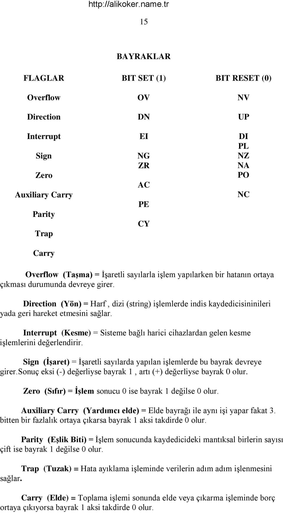 Interrupt (Kesme) = Sisteme bağlı harici cihazlardan gelen kesme iģlemlerini değerlendirir. Sign (ĠĢaret) = ĠĢaretli sayılarda yapılan iģlemlerde bu bayrak devreye girer.