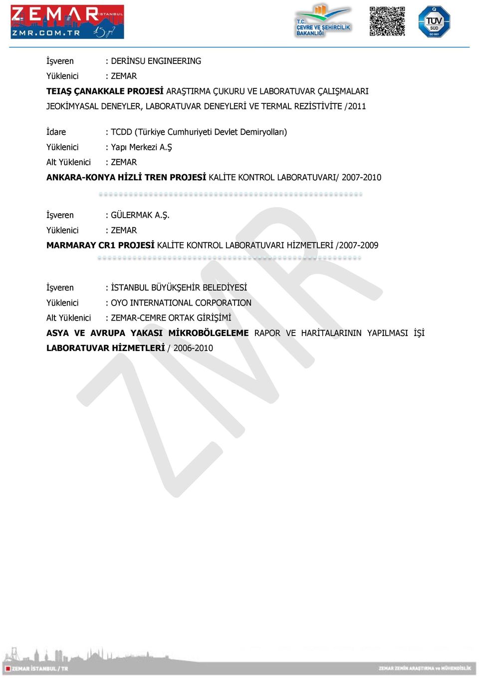 Ş Alt Yüklenici : ZEMAR ANKARA-KONYA HİZLİ TREN PROJESİ KALİTE KONTROL LABORATUVARI/ 2007-2010 İşveren : GÜLERMAK A.Ş. Yüklenici : ZEMAR MARMARAY CR1 PROJESİ KALİTE KONTROL