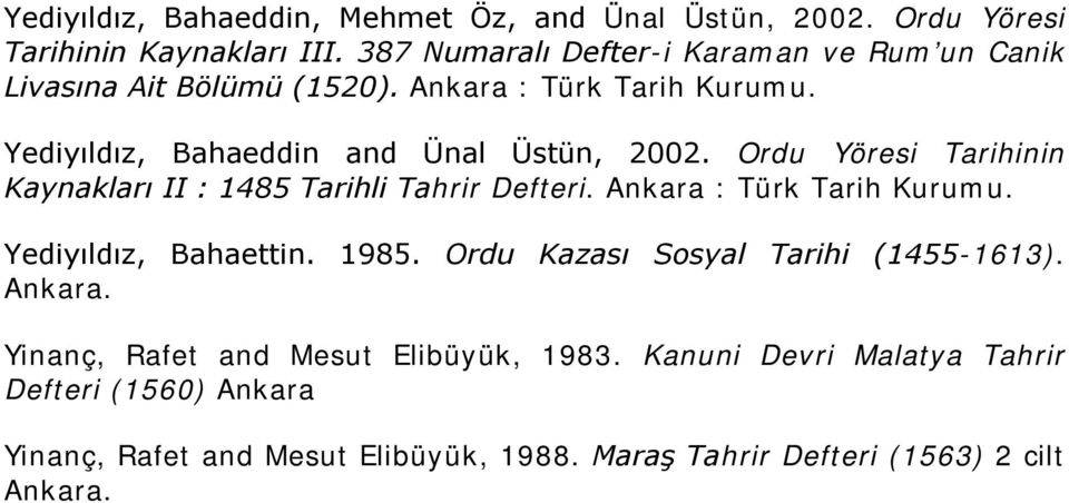 Ordu Yöresi Tarihinin Kaynakları II : 1485 Tarihli Tahrir Defteri. Ankara : Türk Tarih Kurumu. Yediyıldız, Bahaettin. 1985.