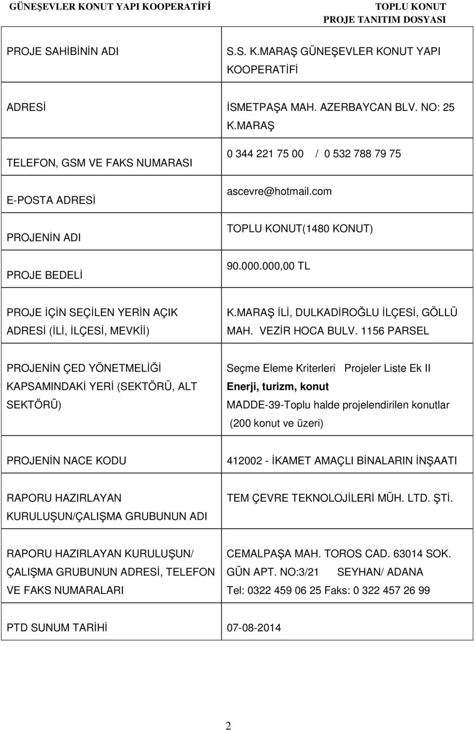 000,00 TL PROJE İÇİN SEÇİLEN YERİN AÇIK ADRESİ (İLİ, İLÇESİ, MEVKİİ) K.MARAŞ İLİ, DULKADİROĞLU İLÇESİ, GÖLLÜ MAH. VEZİR HOCA BULV.