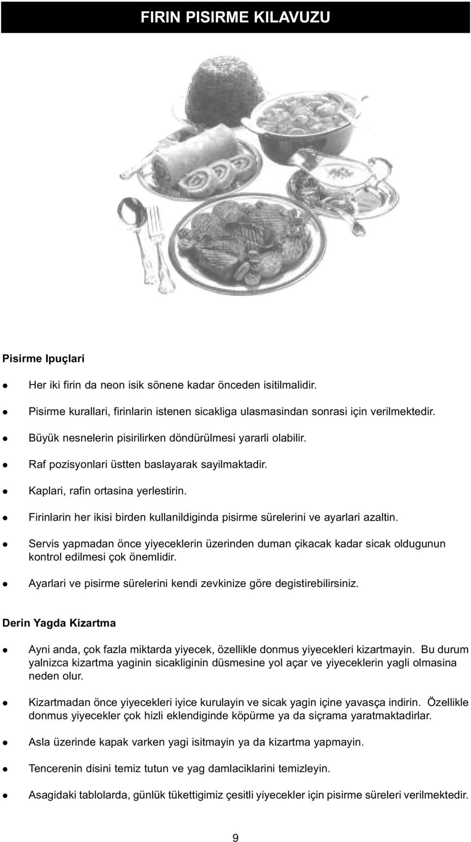 l Firinlarin her ikisi birden kullanildiginda pisirme sürelerini ve ayarlari azaltin. l Servis yapmadan önce yiyeceklerin üzerinden duman çikacak kadar sicak oldugunun kontrol edilmesi çok önemlidir.