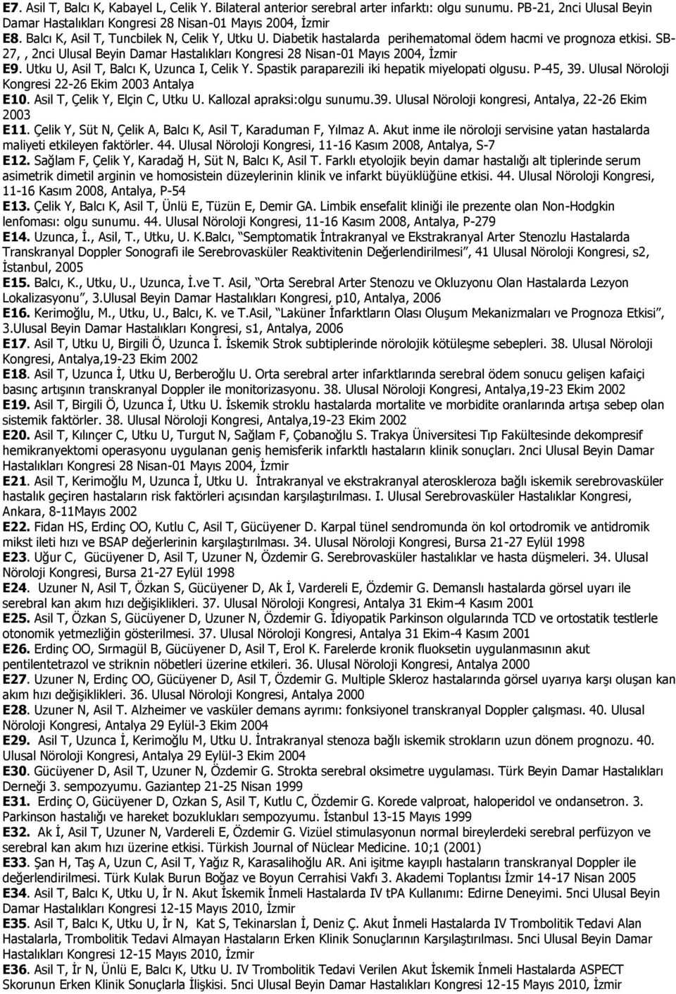 Utku U, Asil T, Balcı K, Uzunca I, Celik Y. Spastik paraparezili iki hepatik miyelopati olgusu. P-45, 39. Ulusal Nöroloji Kongresi 22-26 Ekim 2003 Antalya E10. Asil T, Çelik Y, Elçin C, Utku U.