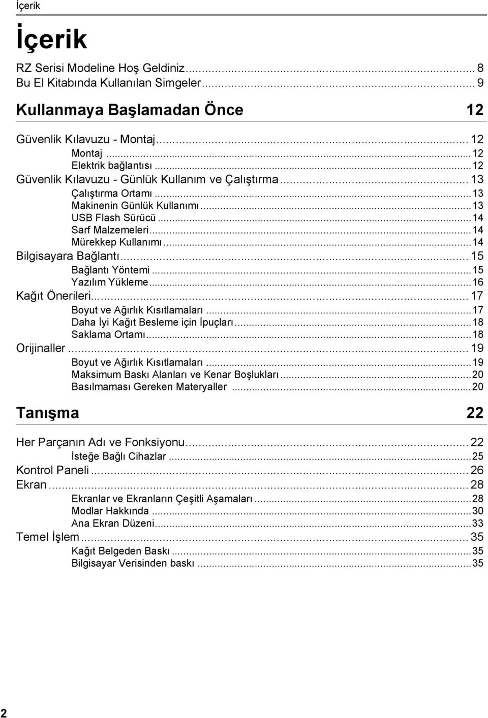 ..14 Bilgisayara Bağlantı... 15 Bağlantı Yöntemi...15 Yazılım Yükleme...16 Kağıt Önerileri... 17 Boyut ve Ağırlık Kısıtlamaları...17 Daha İyi Kağıt Besleme için İpuçları...18 Saklama Ortamı.