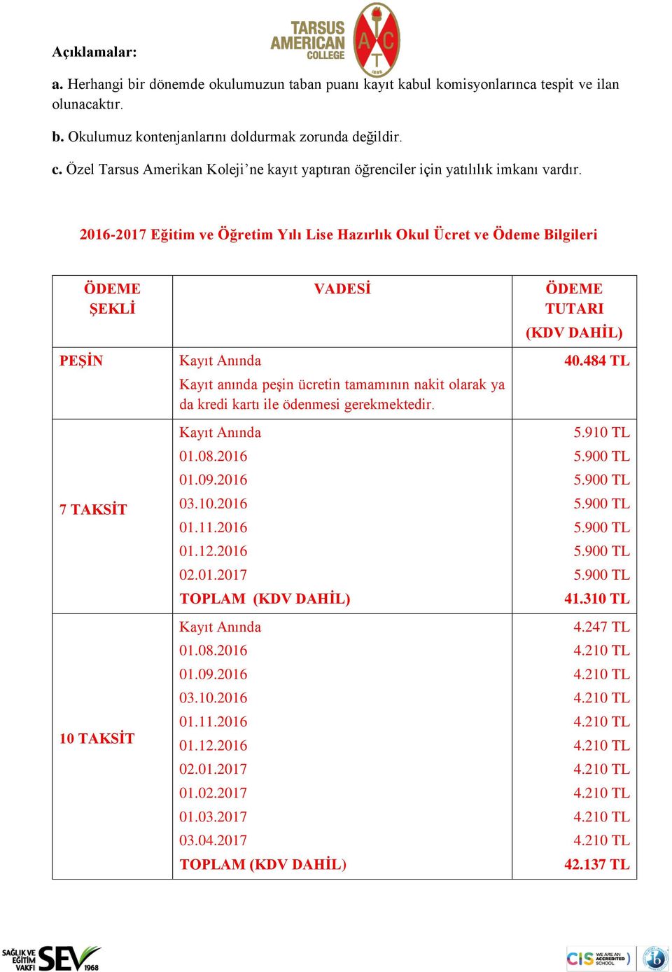 2016-2017 Eğitim ve Öğretim Yılı Lise Hazırlık Okul Ücret ve Ödeme Bilgileri PEŞİN ÖDEME ŞEKLİ 7 TAKSİT 10 TAKSİT Kayıt Anında VADESİ Kayıt anında peşin ücretin tamamının nakit olarak ya da kredi