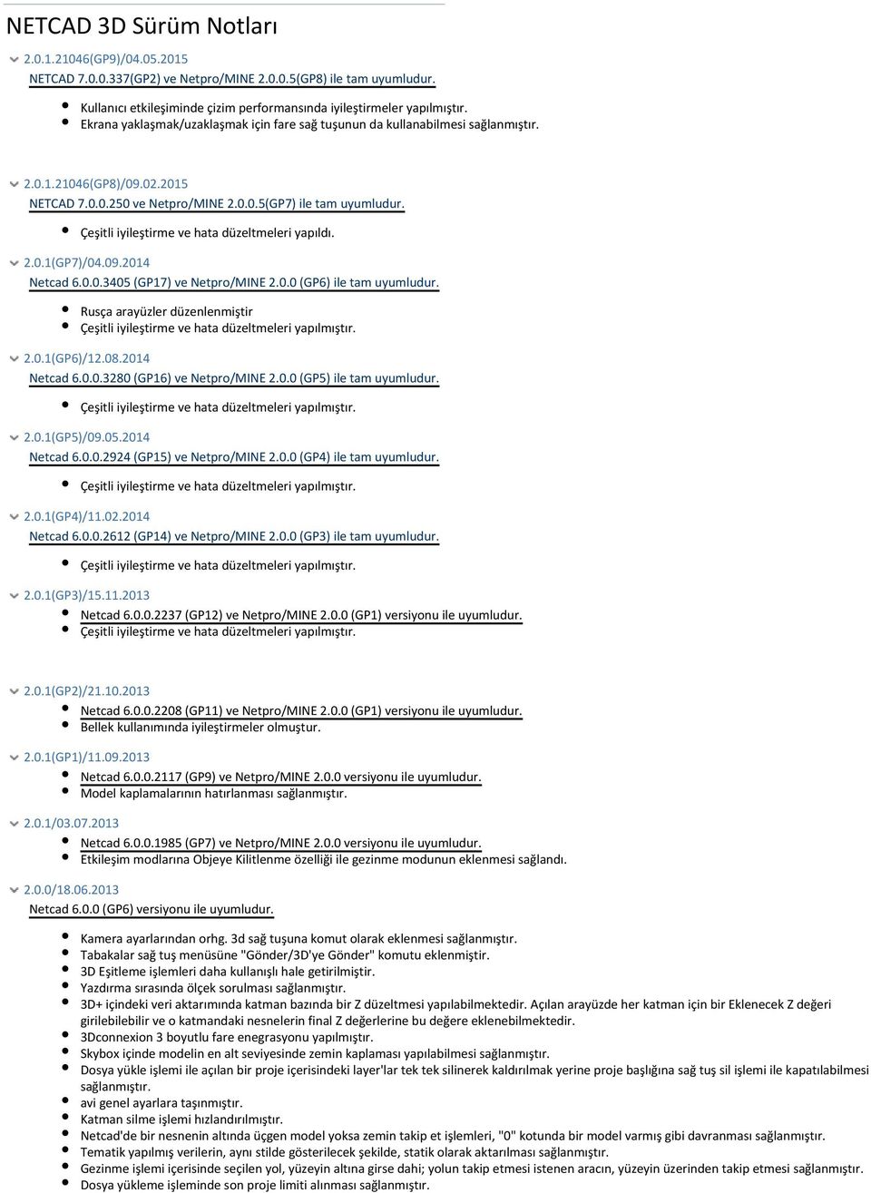 Çeşitli iyileştirme ve hata düzeltmeleri yapıldı. 2.0.1(GP7)/04.09.2014 Netcad 6.0.0.3405 (GP17) ve Netpro/MINE 2.0.0 (GP6) ile tam uyumludur.