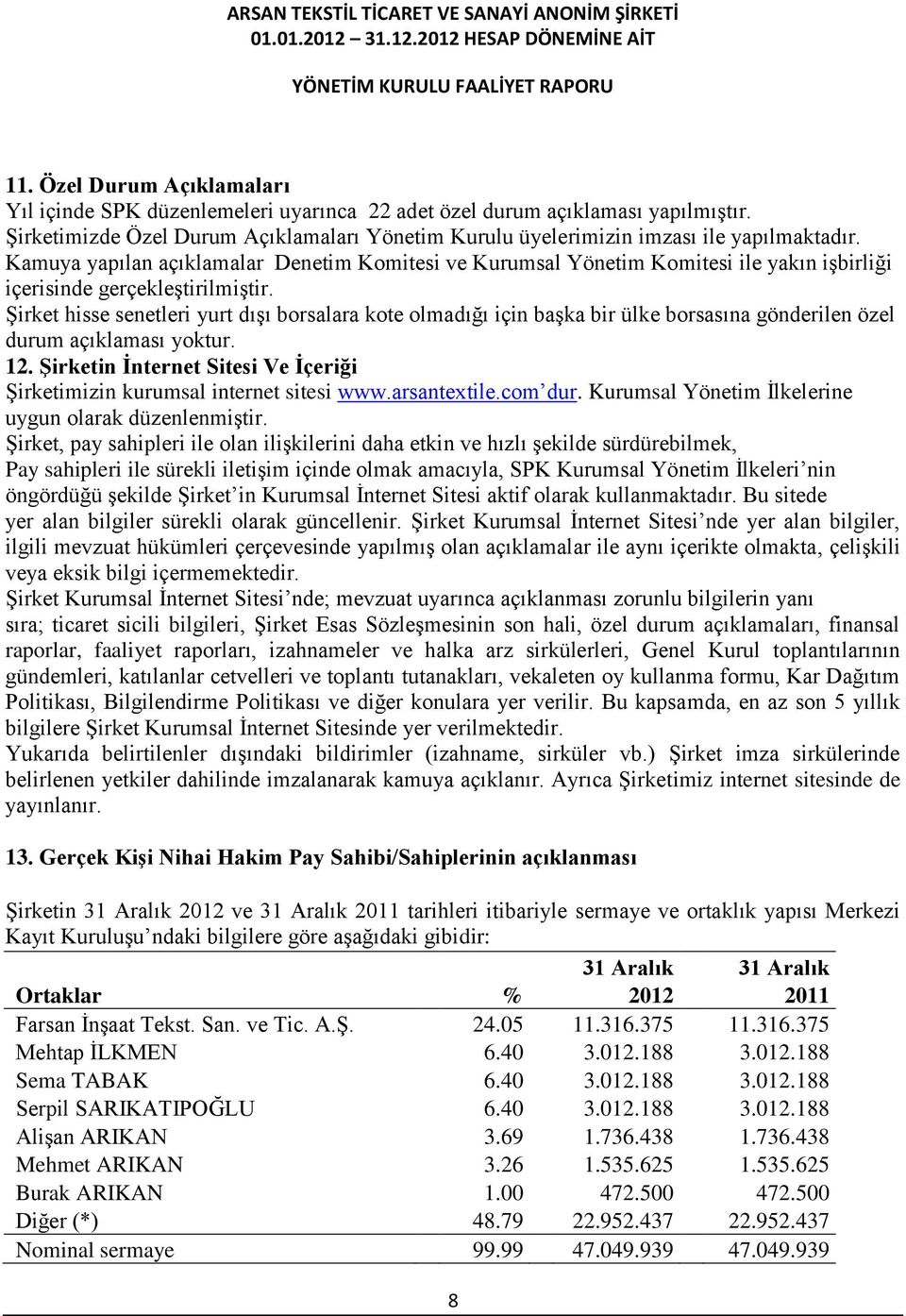 Şirket hisse senetleri yurt dışı borsalara kote olmadığı için başka bir ülke borsasına gönderilen özel durum açıklaması yoktur. 12.