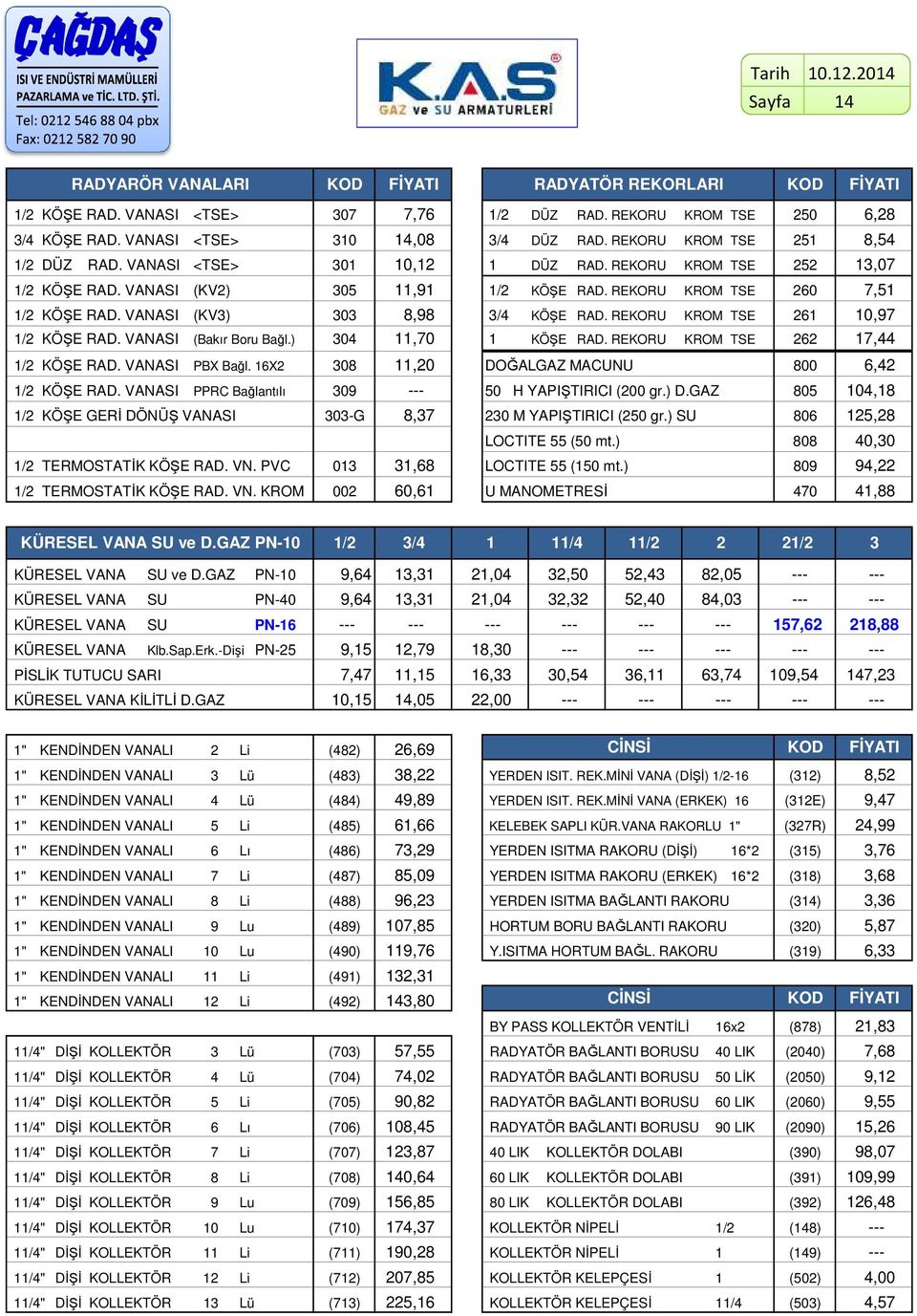 REKORU KROM TSE 6 0,97 / KÖŞE RAD. VANASI (Bakır Boru Bağl.) 304,70 KÖŞE RAD. REKORU KROM TSE 6 7,44 / KÖŞE RAD. VANASI PBX Bağl. 6X 308,0 DOĞALGAZ MACUNU 800 6,4 / KÖŞE RAD.