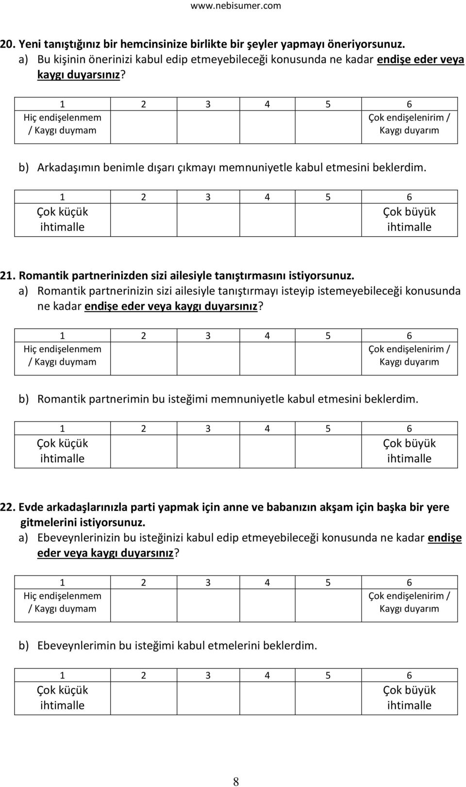 a) Romantik partnerinizin sizi ailesiyle tanıştırmayı isteyip istemeyebileceği konusunda ne kadar endişe b) Romantik partnerimin bu isteğimi memnuniyetle kabul etmesini beklerdim. 22.