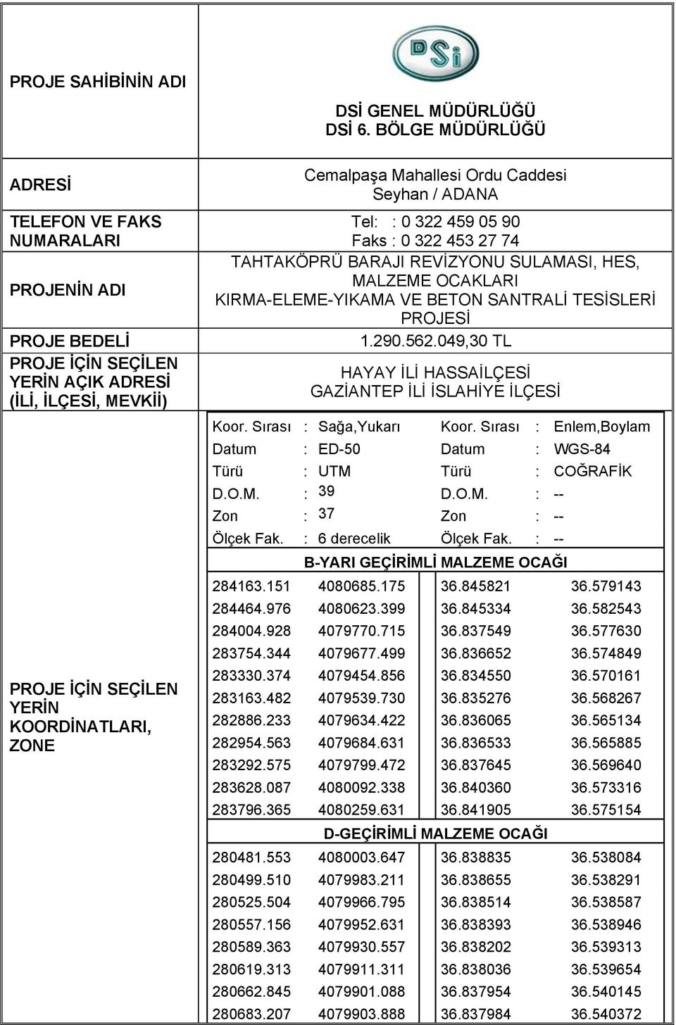 BÖLGE MÜDÜRLÜĞÜ Cemalpaşa Mahallesi Ordu Caddesi Seyhan / ADANA Tel: : 0 322 459 05 90 Faks : 0 322 453 27 74 TAHTAKÖPRÜ BARAJI REVİZYONU SULAMASI, HES, MALZEME OCAKLARI KIRMA-ELEME-YIKAMA VE BETON