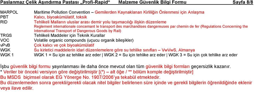 chemin de fer (Regulations Concerning the International Transport of Dangerous Goods by Rail) Tehlikeli Maddeler için Teknik Kurallar Volatile organic compounds (uçucu organik bileşikler) Çok kalıcı