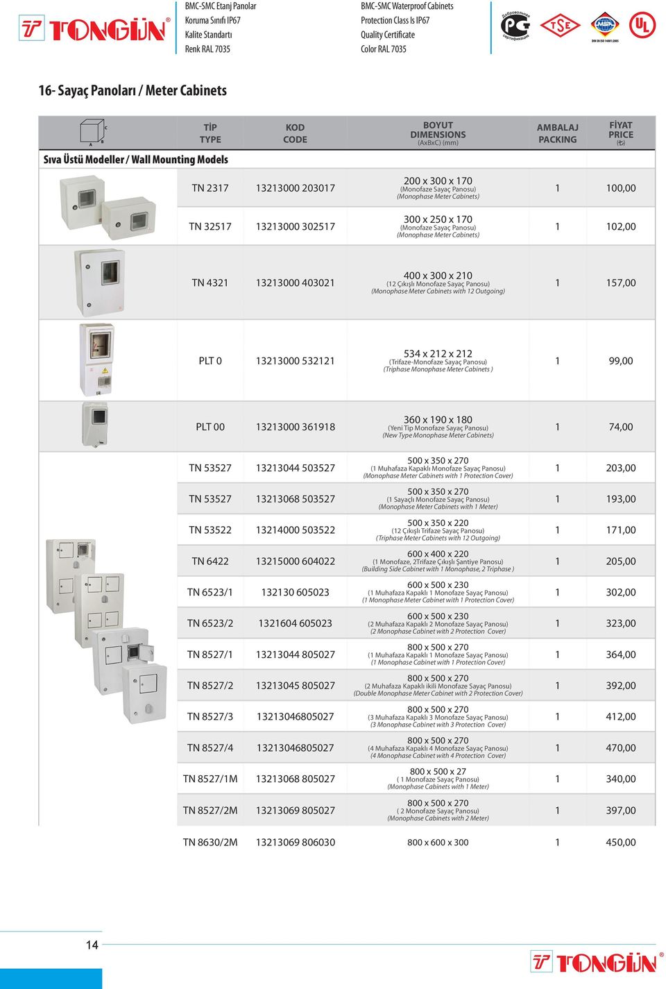 400 x 300 x 210 (12 Çıkışlı Monofaze Sayaç Panosu) (Monophase Meter Cabinets with 12 Outgoing) 1 157,00 PLT 0 13213000 532121 534 x 212 x 212 (Trifaze-Monofaze Sayaç Panosu) (Triphase Monophase Meter