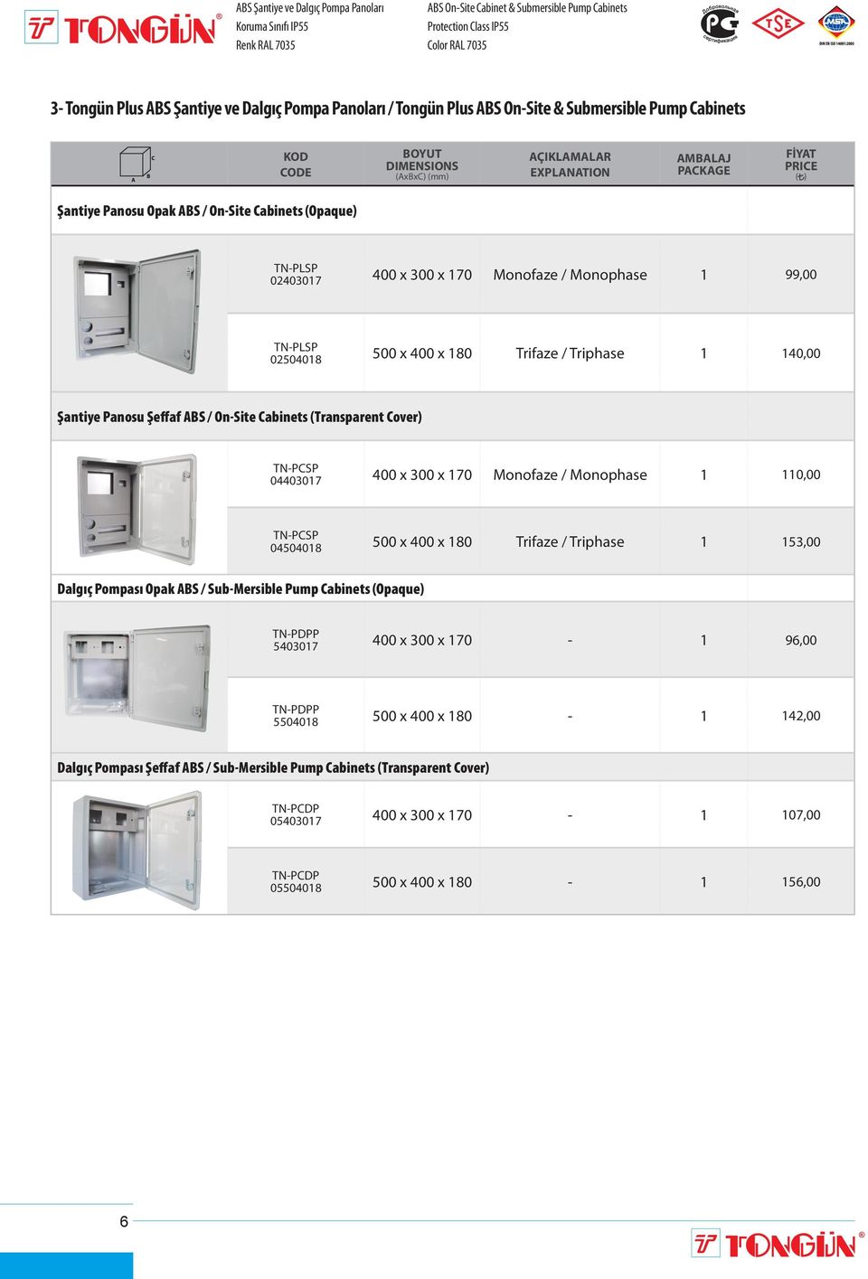 500 x 400 x 180 Trifaze / Triphase 1 140,00 Şantiye Panosu Şeffaf ABS / On-Site Cabinets (Transparent Cover) TN-PCSP 04403017 400 x 300 x 170 Monofaze / Monophase 1 110,00 TN-PCSP 04504018 500 x 400