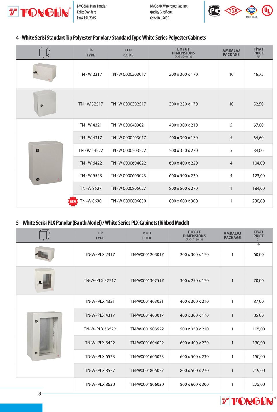 500 x 350 x 220 5 84,00 TN - W 6422 TN -W 0000604022 600 x 400 x 220 4 104,00 TN - W 6523 TN -W 0000605023 600 x 500 x 230 4 123,00 TN -W 8527 TN -W 0000805027 800 x 500 x 270 1 184,00 TN -W 8630 TN