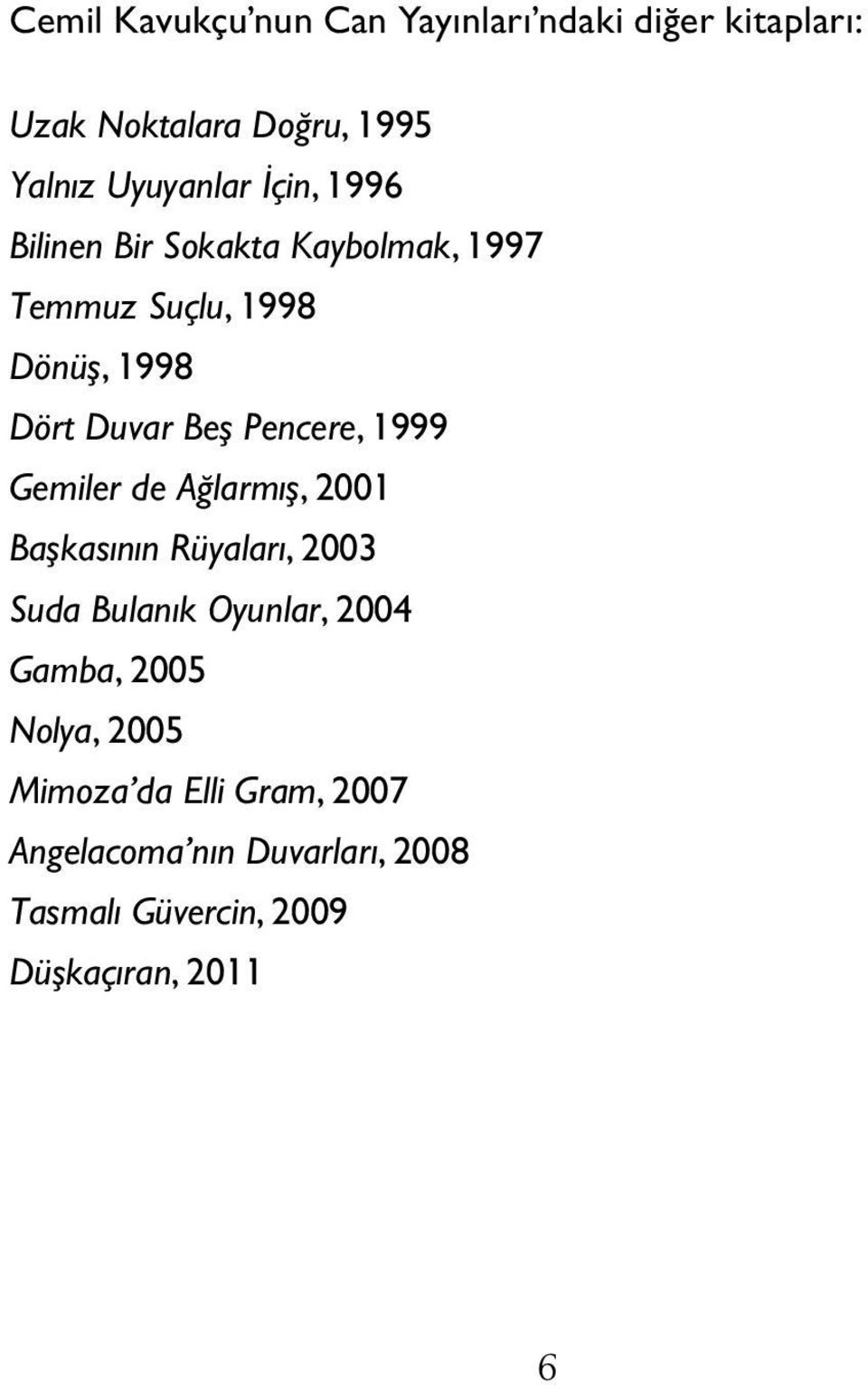 1999 Gemiler de Ağlarmış, 2001 Başkasının Rüyaları, 2003 Suda Bulanık Oyunlar, 2004 Gamba, 2005