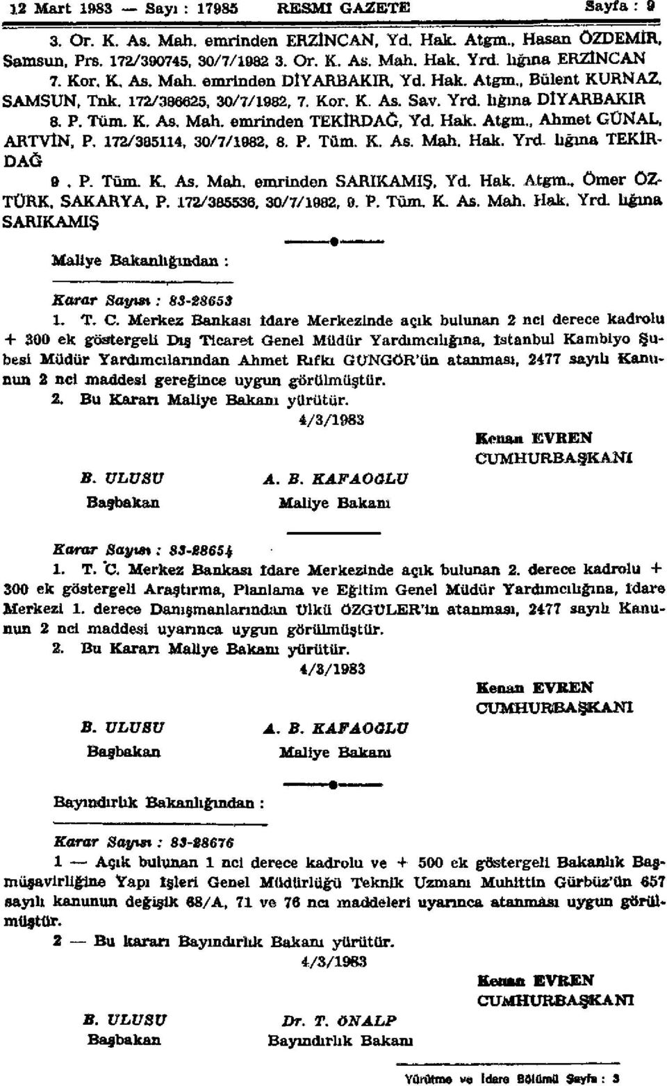 172/385114, 30/7/1982, 8. P. Tüm. K. As. Mah. Hak. Yrd. lığına TEKİR DAĞ 9. P. Tüm. K. As. Mah. emrinden SARIKAMIŞ. Yd. Hak. Atgm.. Ömer ÖZ- TÜRK, SAKARYA, P. 172/385536, 30/7/1982, 9. P. Tüm. K. As. Mah. Hak. Yrd. lığına SARIKAMIŞ Maliye Bakanlığından : Karar Sayım : 83-88653 1.