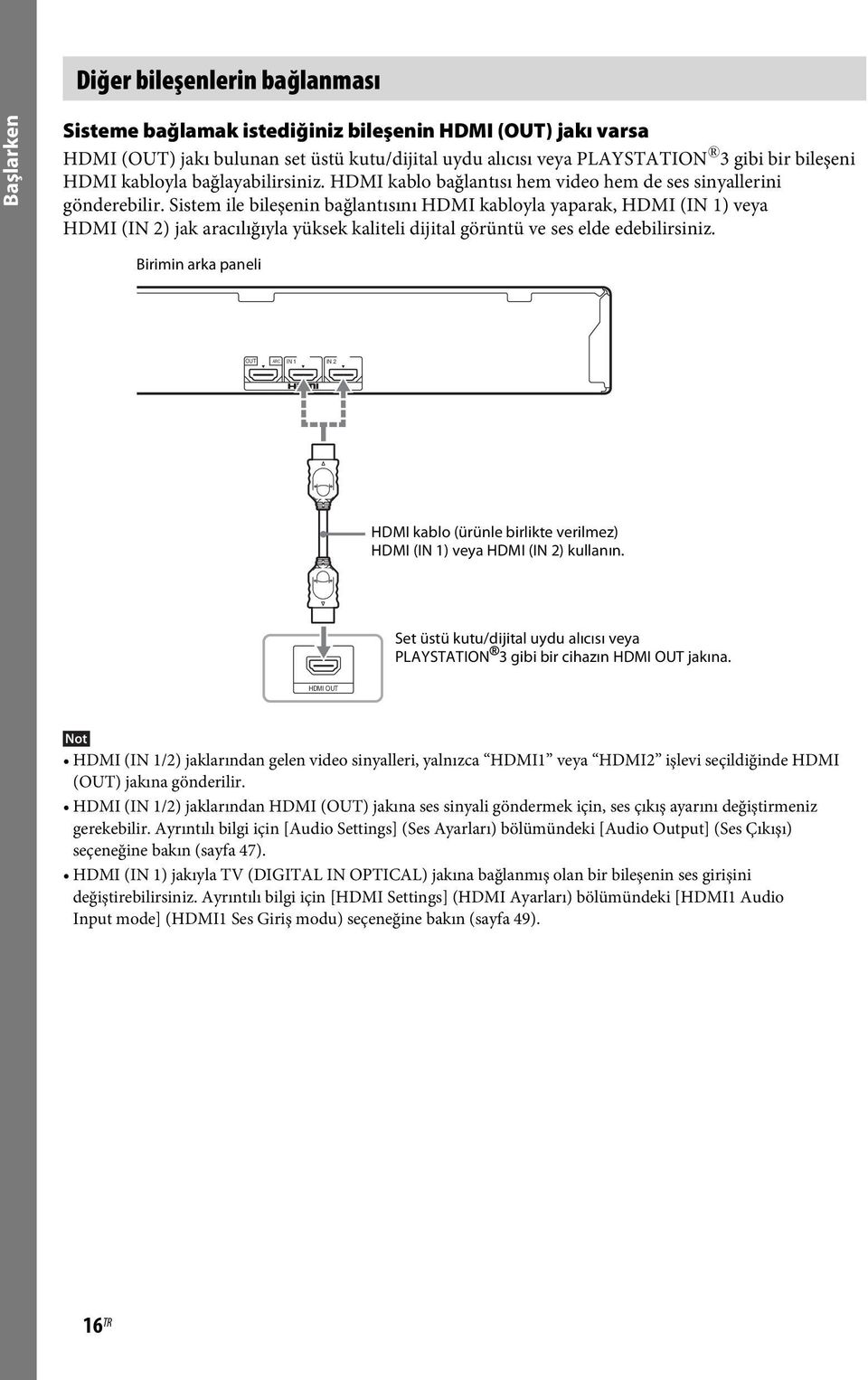 Sistem ile bileşenin bağlantısını HDMI kabloyla yaparak, HDMI (IN 1) veya HDMI (IN 2) jak aracılığıyla yüksek kaliteli dijital görüntü ve ses elde edebilirsiniz.