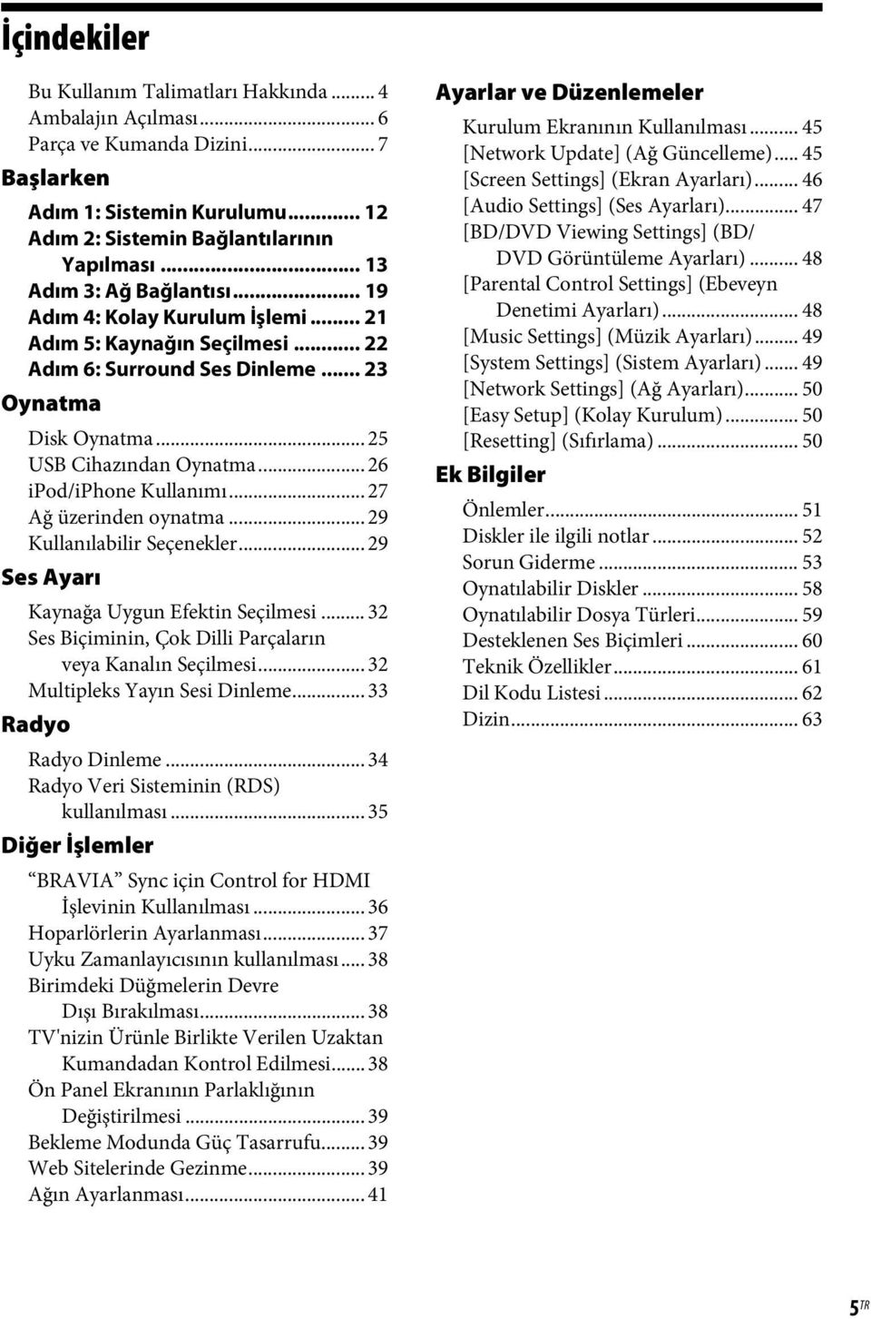 .. 26 ipod/iphone Kullanımı... 27 Ağ üzerinden oynatma... 29 Kullanılabilir Seçenekler... 29 Ses Ayarı Kaynağa Uygun Efektin Seçilmesi... 32 Ses Biçiminin, Çok Dilli Parçaların veya Kanalın Seçilmesi.