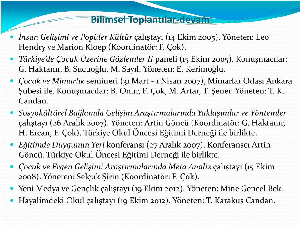 Çocuk ve Mimarlıksemineri (31 Mart - 1 Nisan 2007), Mimarlar Odası Ankara Şubesi ile. Konuşmacılar: B. Onur, F. Çok, M. Artar, T. Şener. Yöneten: T. K. Candan.