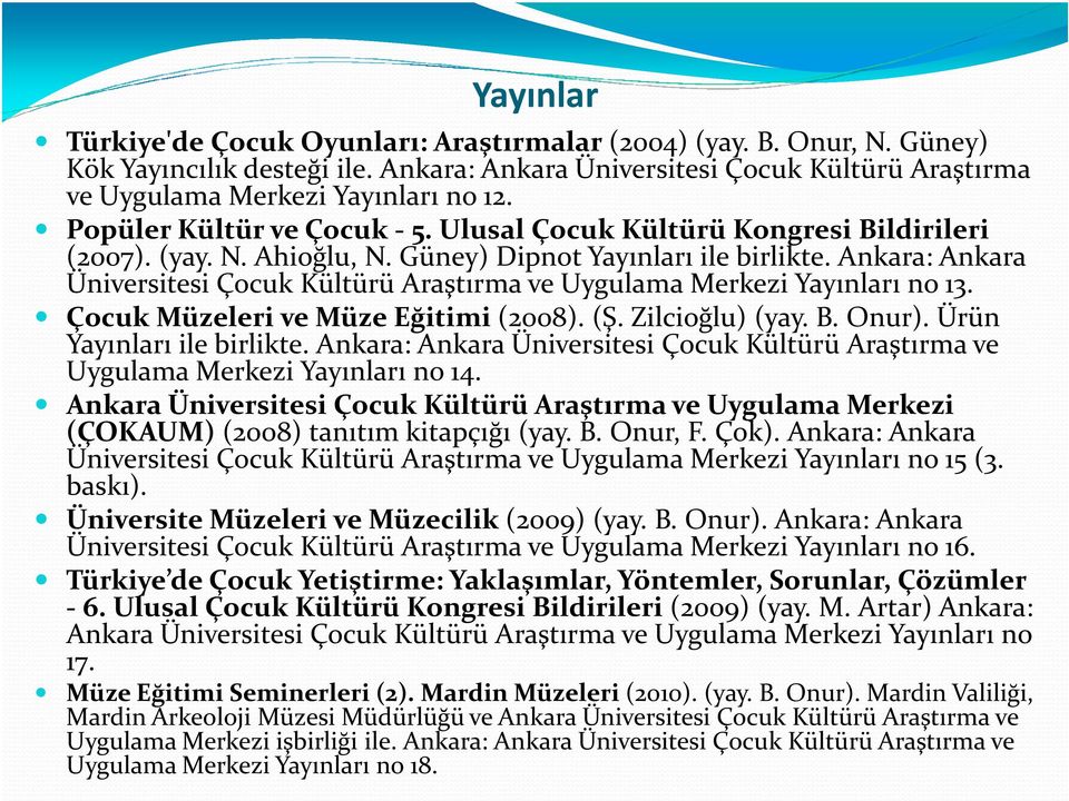 Ankara: Ankara Üniversitesi Çocuk Kültürü Araştırma ve Uygulama Merkezi Yayınları no 13. Çocuk Müzeleri ve Müze Eğitimi (2008). (Ş. Zilcioğlu) (yay. B. Onur). Ürün Yayınları ile birlikte.