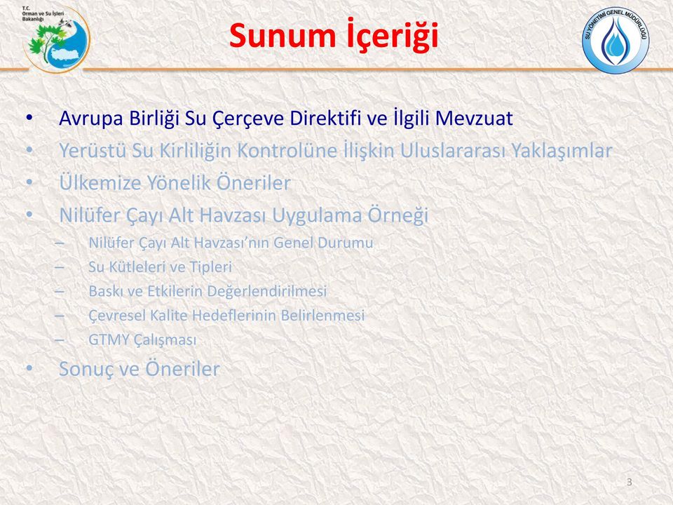 Uygulama Örneği Nilüfer Çayı Alt Havzası nın Genel Durumu Su Kütleleri ve Tipleri Baskı ve