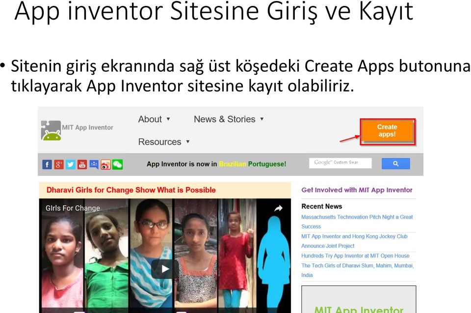 köşedeki Create Apps butonuna