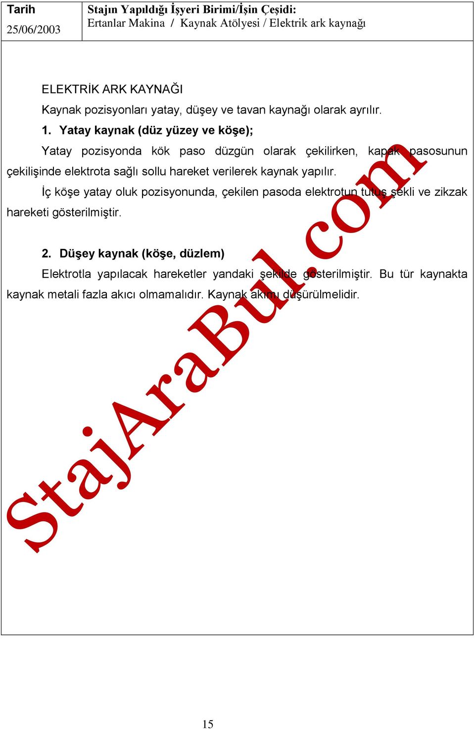 verilerek kaynak yapılır. İç köşe yatay oluk pozisyonunda, çekilen pasoda elektrotun tutuş şekli ve zikzak hareketi gösterilmiştir. 2.