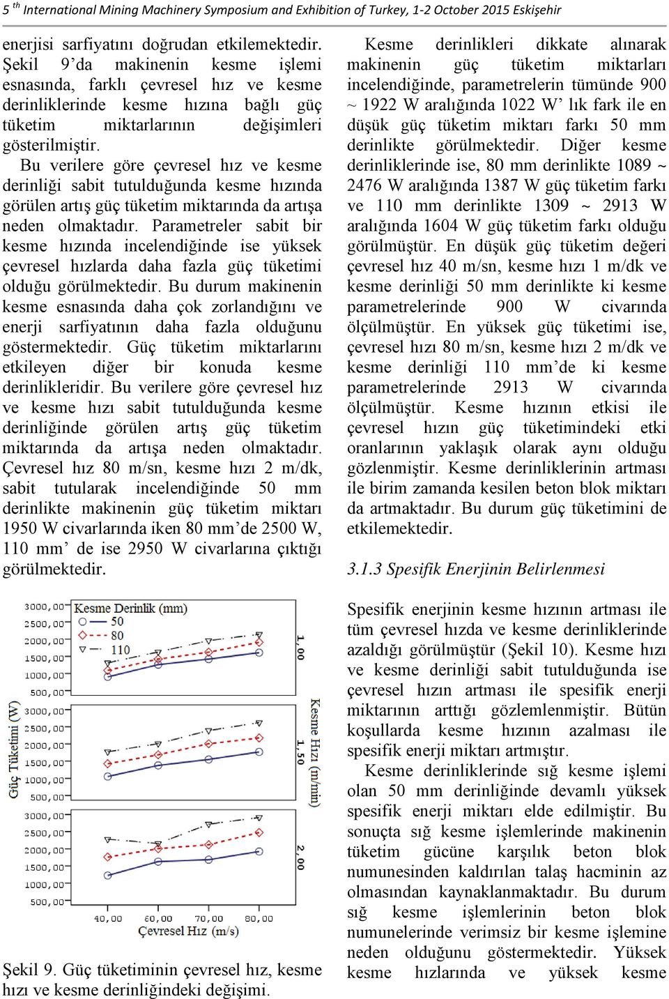 Bu verilere göre çevresel hız ve kesme derinliği sabit tutulduğunda kesme hızında görülen artış güç tüketim miktarında da artışa neden olmaktadır.