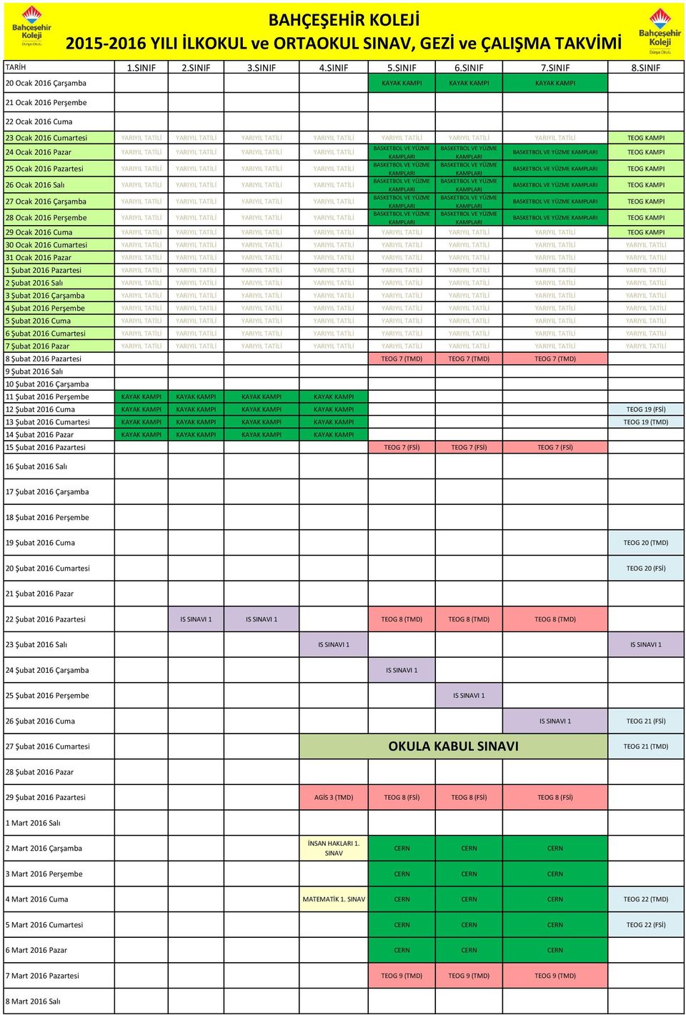 TEOG KAMPI 25 Ocak 2016 Pazartesi YARIYIL TATİLİ YARIYIL TATİLİ YARIYIL TATİLİ YARIYIL TATİLİ BASKETBOL VE YÜZME TEOG KAMPI 26 Ocak 2016 Salı YARIYIL TATİLİ YARIYIL TATİLİ YARIYIL TATİLİ YARIYIL