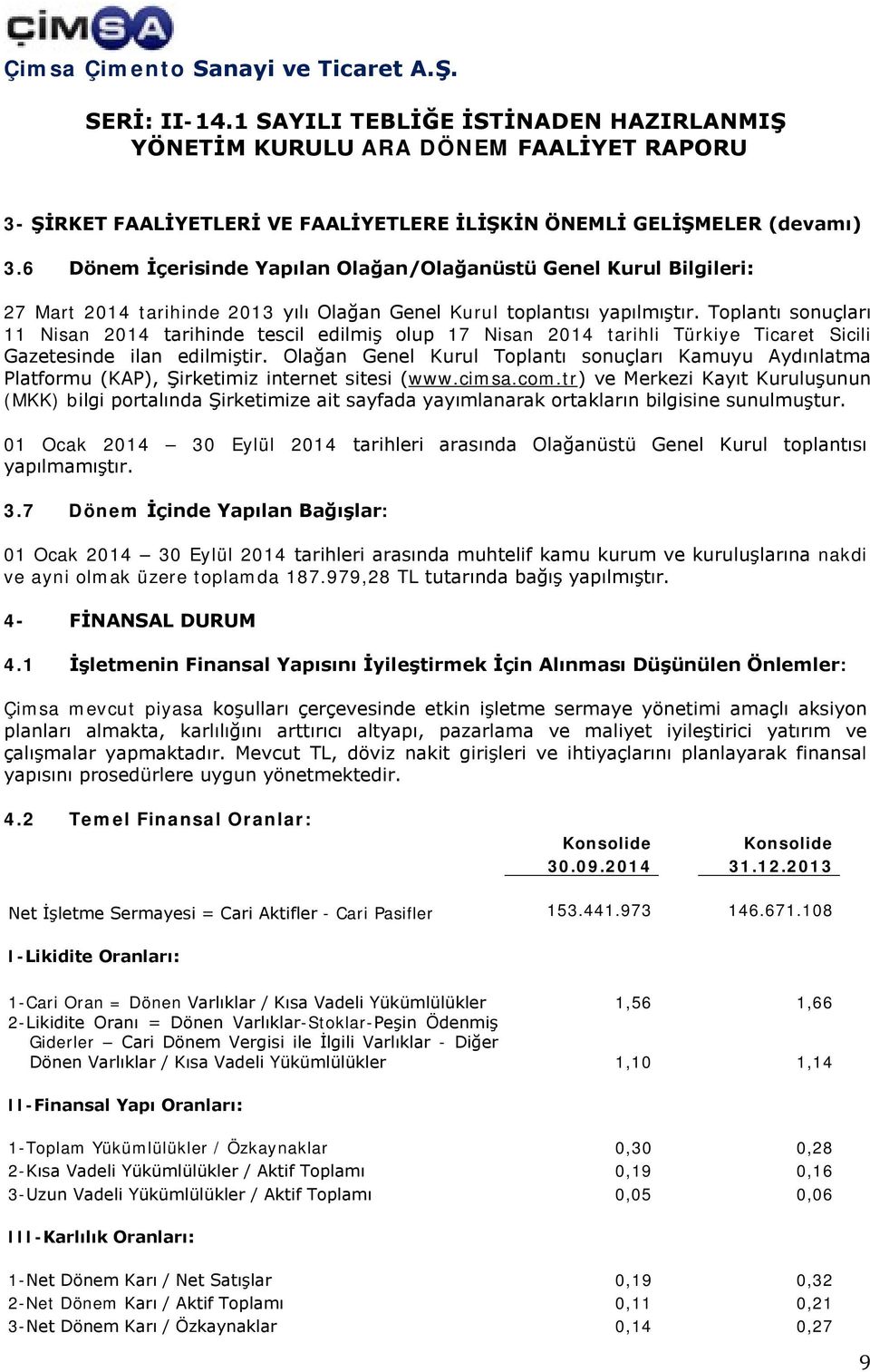 Toplantı sonuçları 11 Nisan 2014 tarihinde tescil edilmiş olup 17 Nisan 2014 tarihli Türkiye Ticaret Sicili Gazetesinde ilan edilmiştir.