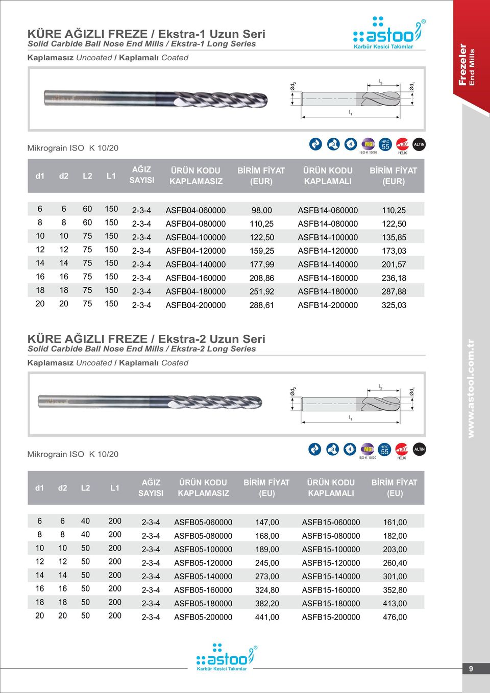 ASFB-000 0,57 75-3- ASFB0-0000 0, ASFB-0000 3, 75-3- ASFB0-0000 5,9 ASFB-0000 7, 0 0 75-3- ASFB0-00000, ASFB-00000 35,03 KÜRE AĞIZLI FREZE / Ekstra- Uzun Seri Solid Carbide Ball Nose End Mills /