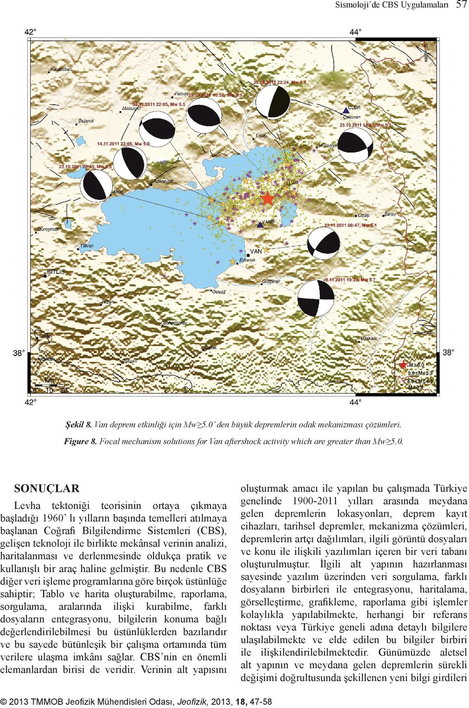 Figure 8. Focal mechanism solutions for Van aftershock activity which are greater than Mw 5.0.