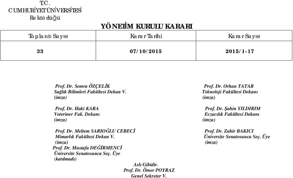 Prof. Dr. Orhan TATAR Teknoloji Fakültesi Dekanı Prof. Dr. Şahin YILDIRIM Eczacılık Fakültesi Dekanı Prof. Dr. Zahir BAKICI Üniversite Senatosunca Seç.