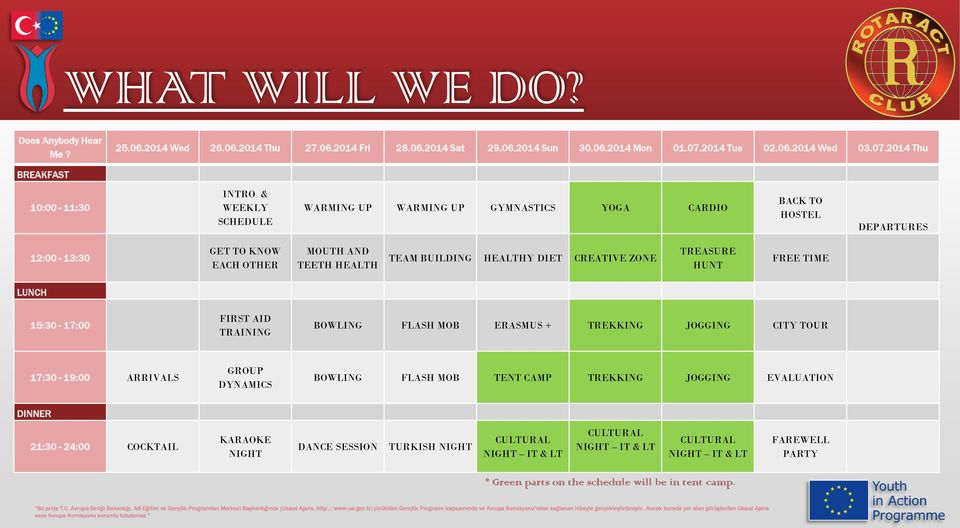 2014 Thu BREAKFAST 10:00-11:30 INTRO & WEEKLY SCHEDULE WARMING UP WARMING UP GYMNASTICS YOGA CARDIO BACK TO HOSTEL DEPARTURES 12:00-13:30 GET TO KNOW EACH OTHER MOUTH AND TEETH HEALTH TEAM BUILDING