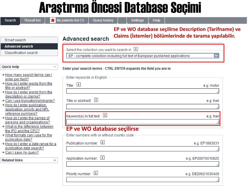 Claims (İstemler) bölümlerinde de tarama