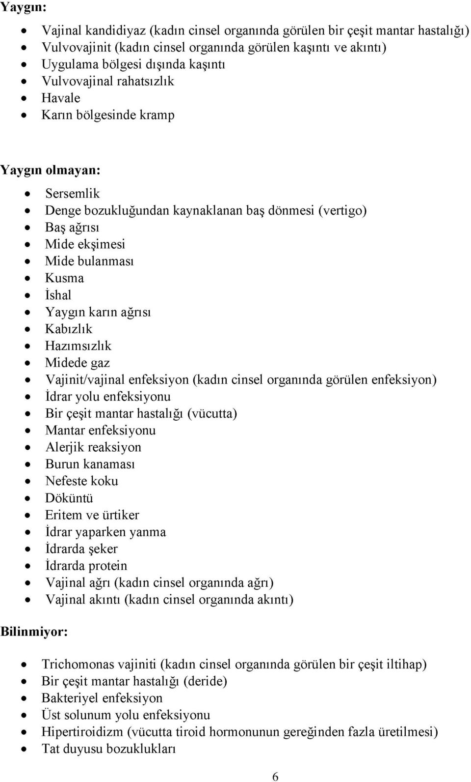 Kabızlık Hazımsızlık Midede gaz Vajinit/vajinal enfeksiyon (kadın cinsel organında görülen enfeksiyon) İdrar yolu enfeksiyonu Bir çeşit mantar hastalığı (vücutta) Mantar enfeksiyonu Alerjik reaksiyon