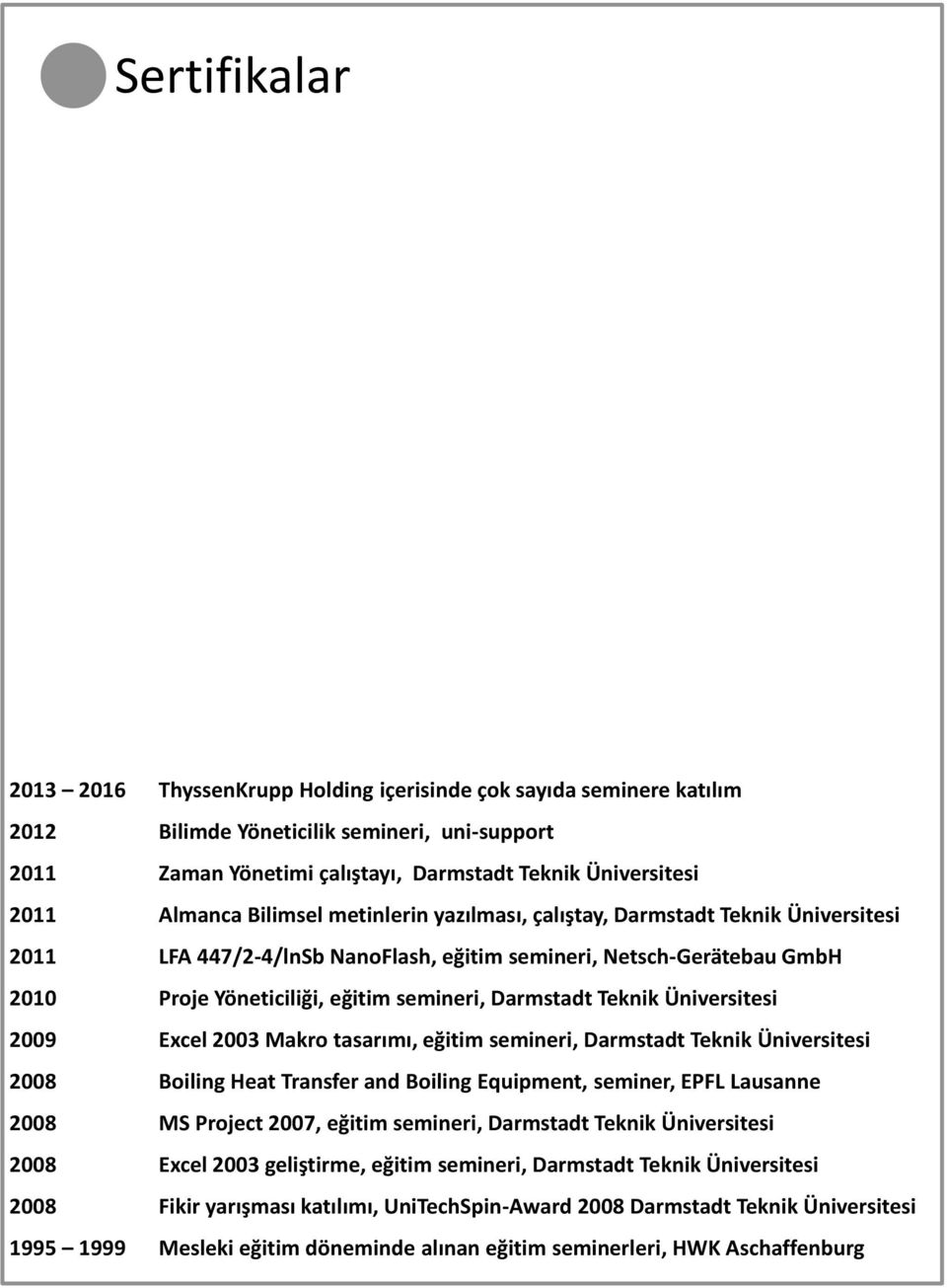 Darmstadt Teknik Üniversitesi 2009 Excel 2003 Makro tasarımı, eğitim semineri, Darmstadt Teknik Üniversitesi 2008 Boiling Heat Transfer and Boiling Equipment, seminer, EPFL Lausanne 2008 MS Project