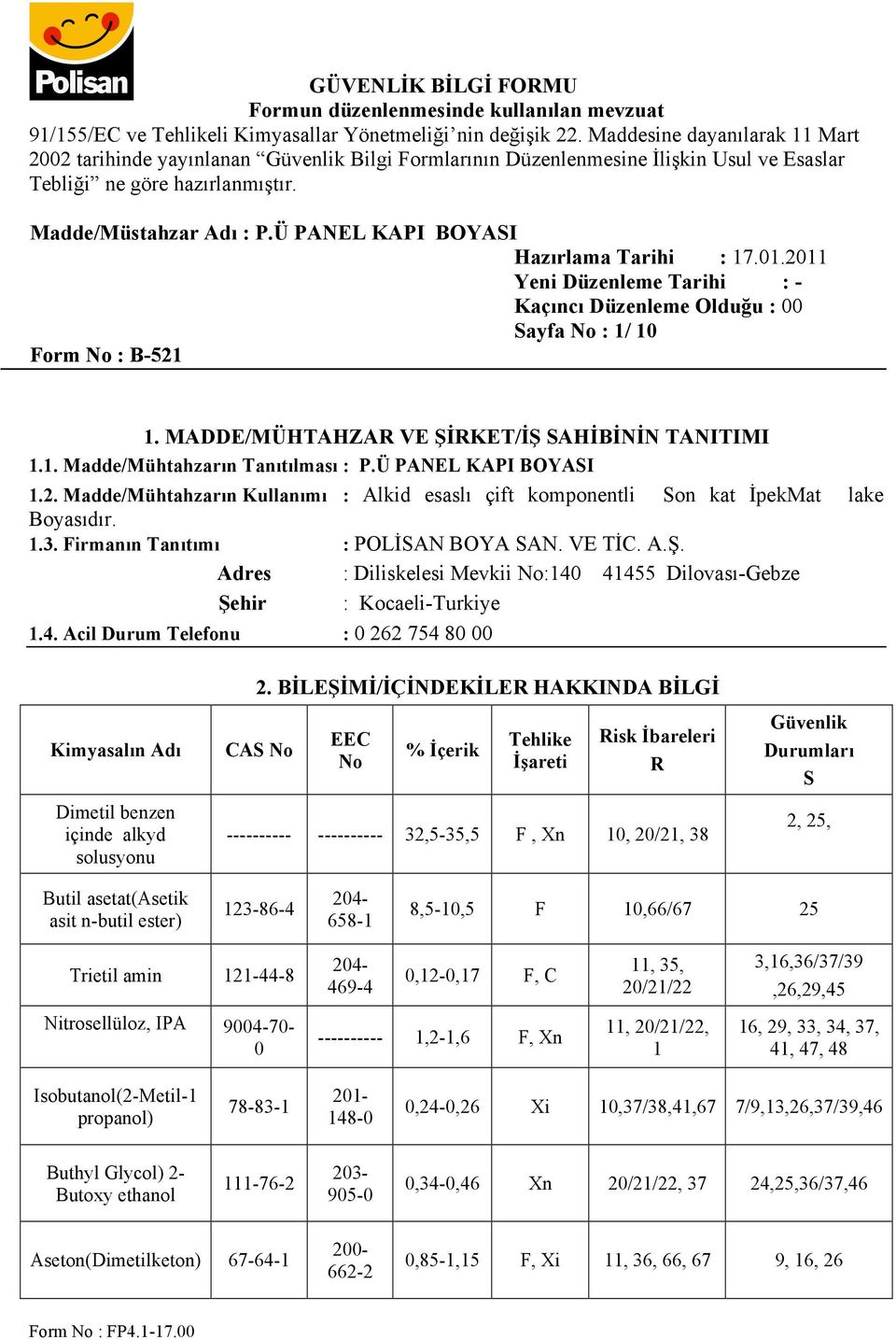 Adres : Diliskelesi Mevkii No:140 41455 Dilovası-Gebze Şehir : Kocaeli-Turkiye 1.4. Acil Durum Telefonu : 0 262 754 80 00 Kimyasalın Adı Dimetil benzen içinde alkyd solusyonu 2.