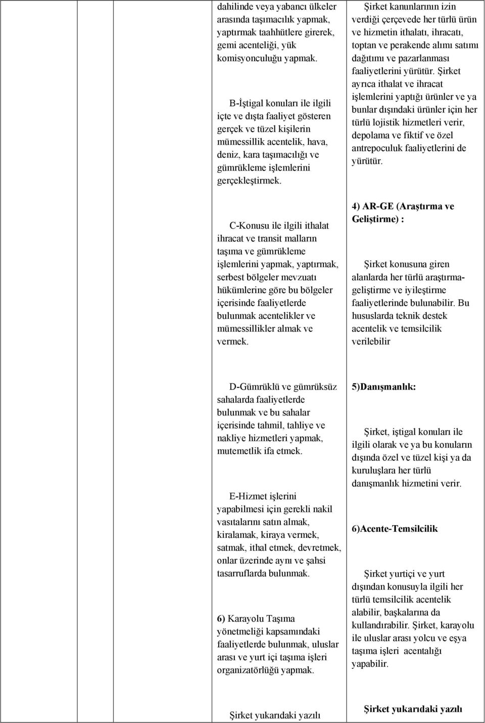 C-Konusu ile ilgili ithalat ihracat ve transit malların taşıma ve gümrükleme işlemlerini yapmak, yaptırmak, serbest bölgeler mevzuatı hükümlerine göre bu bölgeler içerisinde faaliyetlerde bulunmak