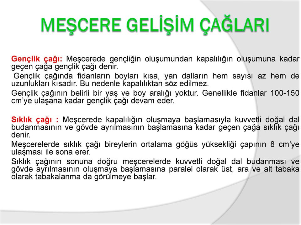 Sıklık çağı : Meşcerede kapalılığın oluşmaya başlamasıyla kuvvetli doğal dal budanmasının ve gövde ayrılmasının başlamasına kadar geçen çağa sıklık çağı denir.