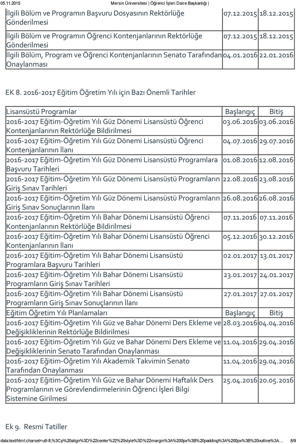 2016 03.06.2016 Kontenjanlarının Rektörlüğe Bildirilmesi 2016 2017 Eğitim Öğretim Yılı Güz Dönemi Lisansüstü Öğrenci 04.07.