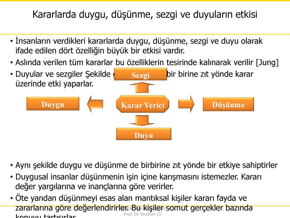 Duygu Karar Verici Düşünme Duyu Aynı şekilde duygu ve düşünme de birbirine zıt yönde bir etkiye sahiptirler Duygusal insanlar düşünmenin işin içine karışmasını istemezler.