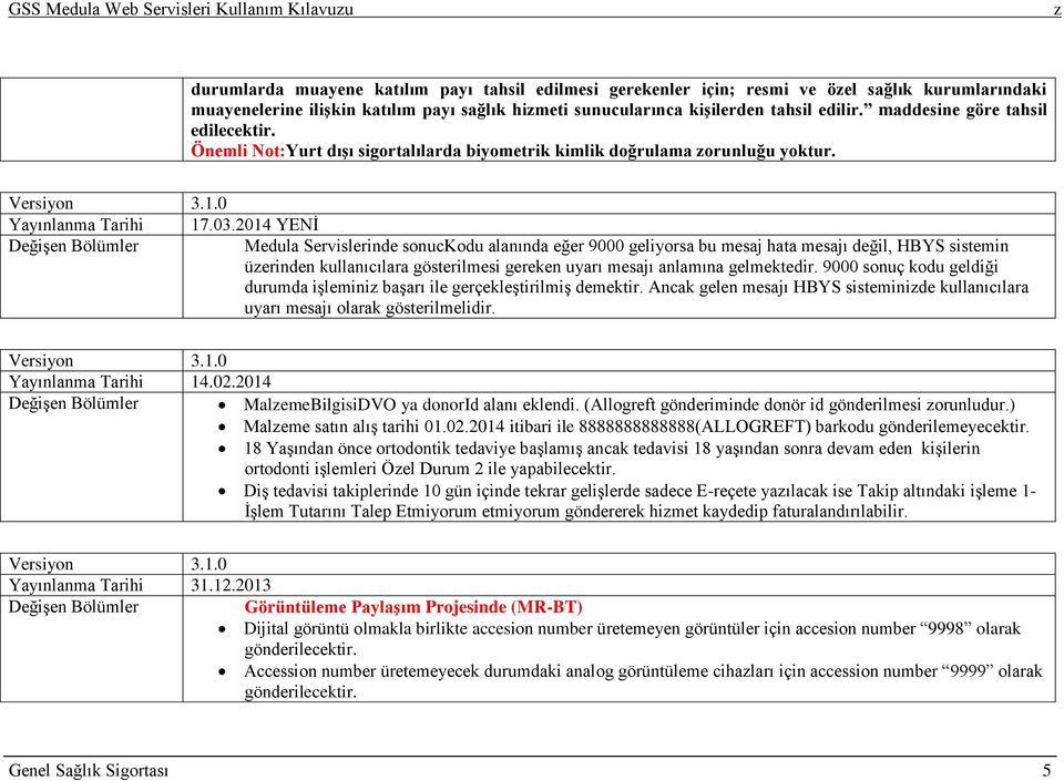 2014 YENĠ DeğiĢen Bölümler Medula Servislerinde sonuckodu alanında eğer 9000 geliyorsa bu mesaj hata mesajı değil, HBYS sistemin üerinden kullanıcılara gösterilmesi gereken uyarı mesajı anlamına