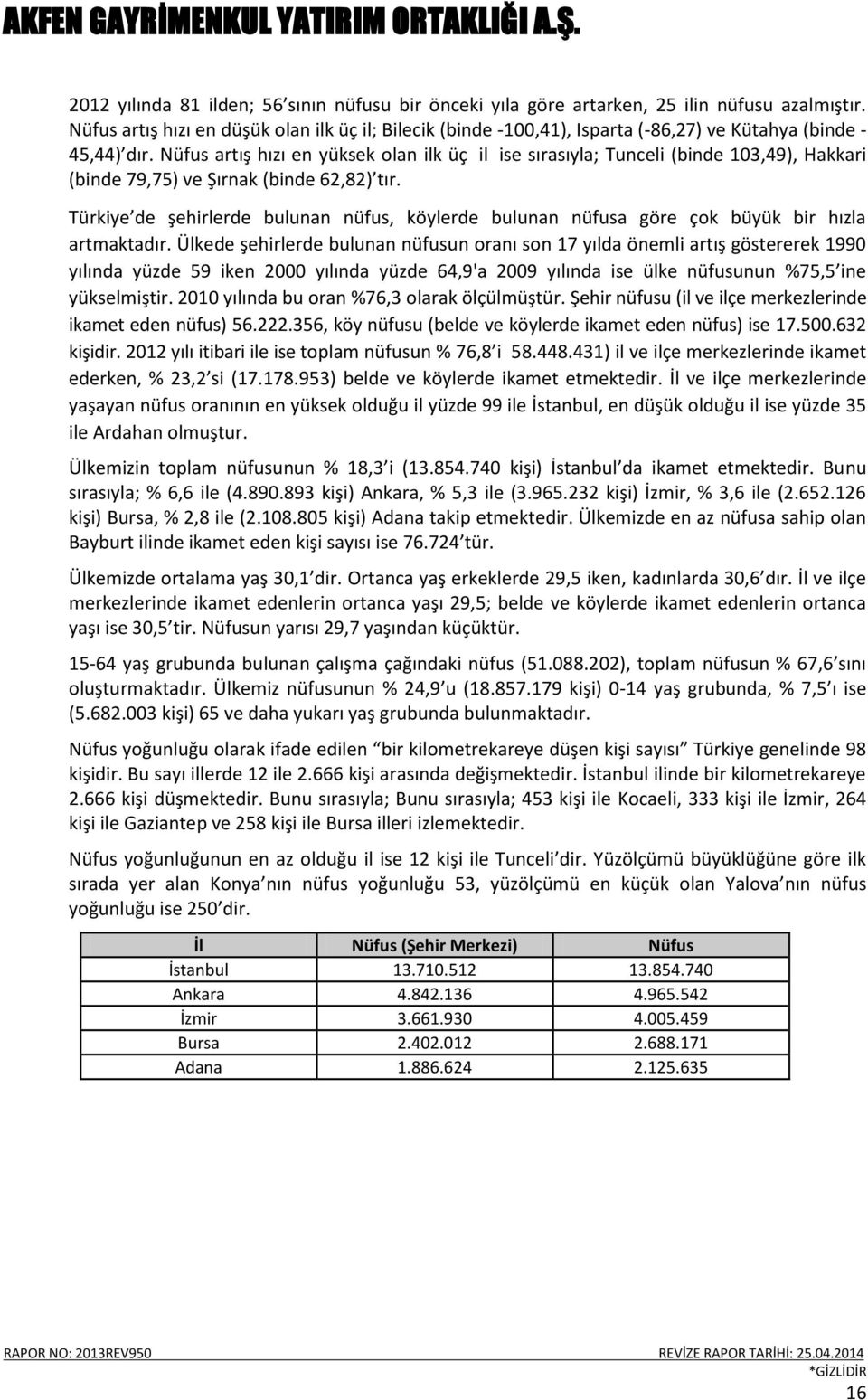 Nüfus artış hızı en yüksek olan ilk üç il ise sırasıyla; Tunceli (binde 103,49), Hakkari (binde 79,75) ve Şırnak (binde 62,82) tır.