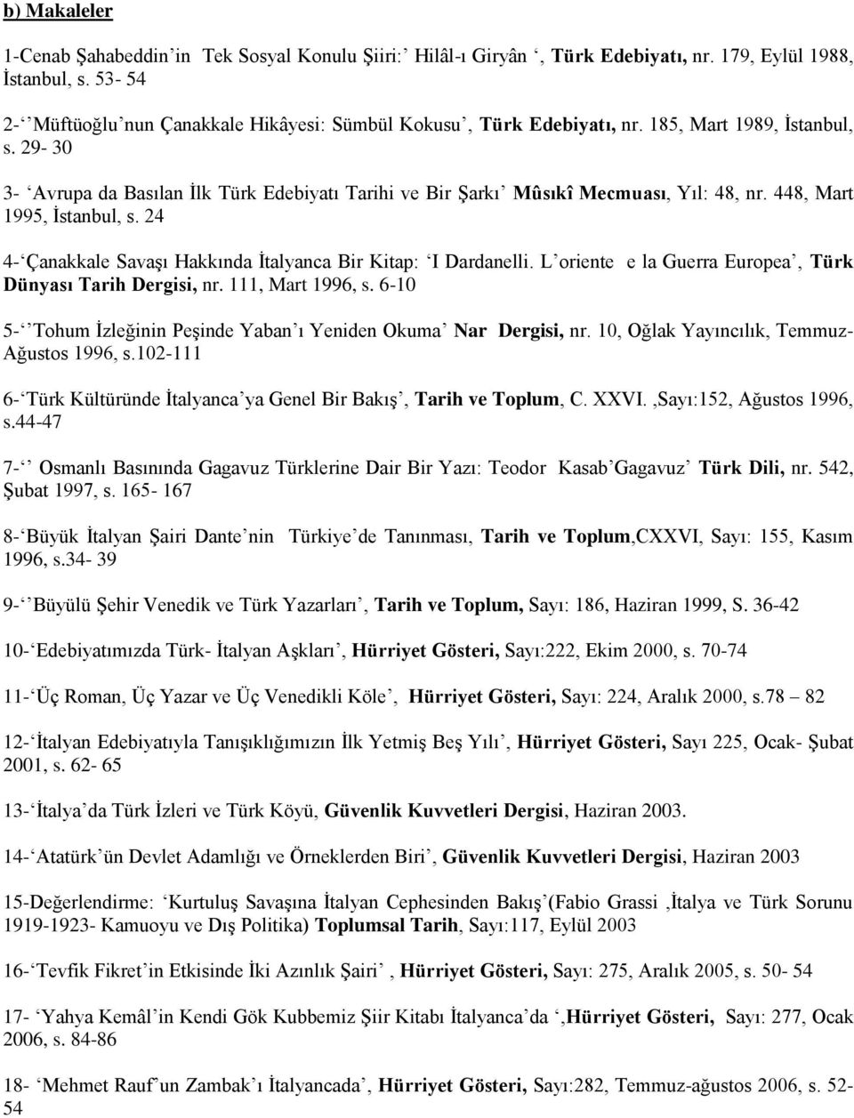 29-30 3- Avrupa da Basılan İlk Türk Edebiyatı Tarihi ve Bir Şarkı Mûsıkî Mecmuası, Yıl: 48, nr. 448, Mart 1995, İstanbul, s. 24 4- Çanakkale Savaşı Hakkında İtalyanca Bir Kitap: I Dardanelli.